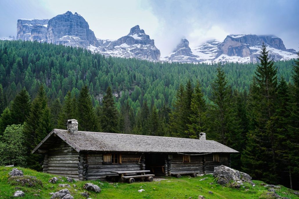 Rifugio Spinale in front of the amazing Brenta Dolomites Italy