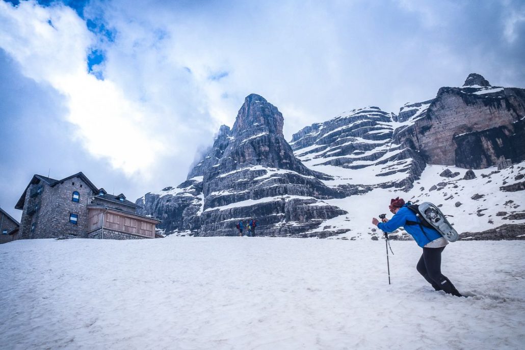 Alice Teacake reaching Rifugio Tuckett knee deep in snow