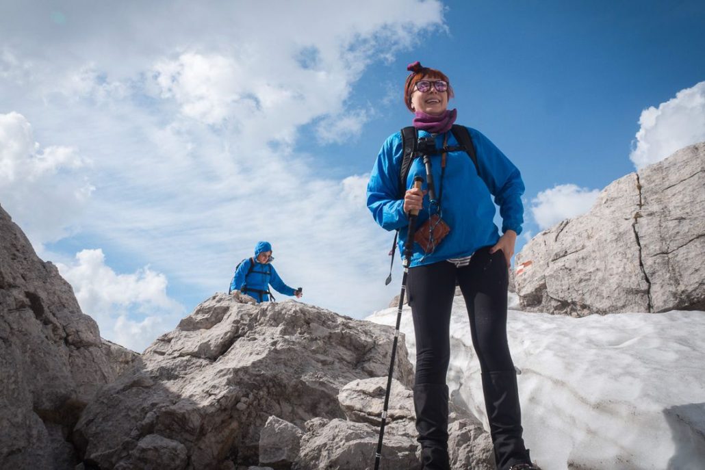 Alice Teacake looking out across the Brenta Dolomites in the snow