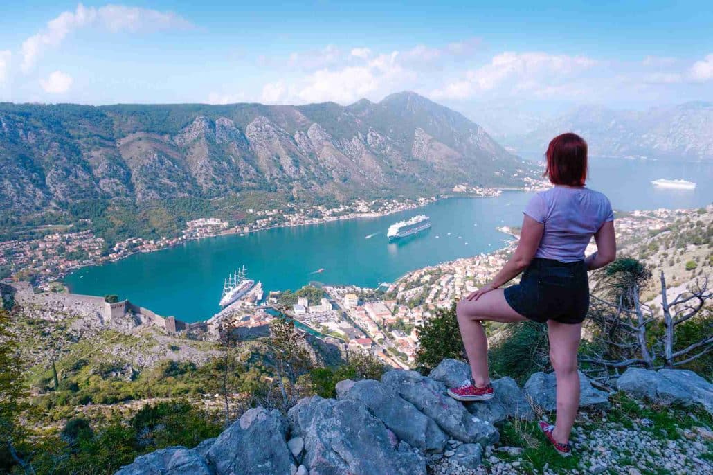 Photo of Alice looking out to the bay from the second viewpoint at the Ladder of Kotor