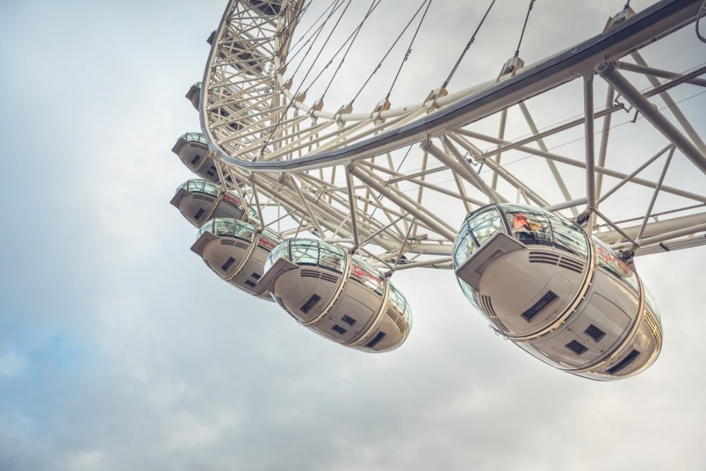 View of London Eye standing underneath it looking up at the pods