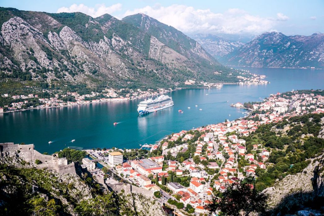 Birds eye view of Kotor Montenegro with Sky Princess prominent in the middle of the water