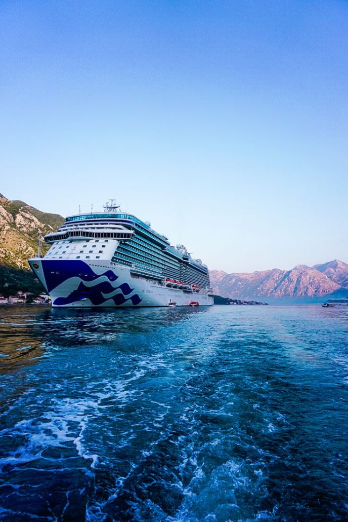 Sky Princess docked in Kotor Montenegro in front of stunning mountains