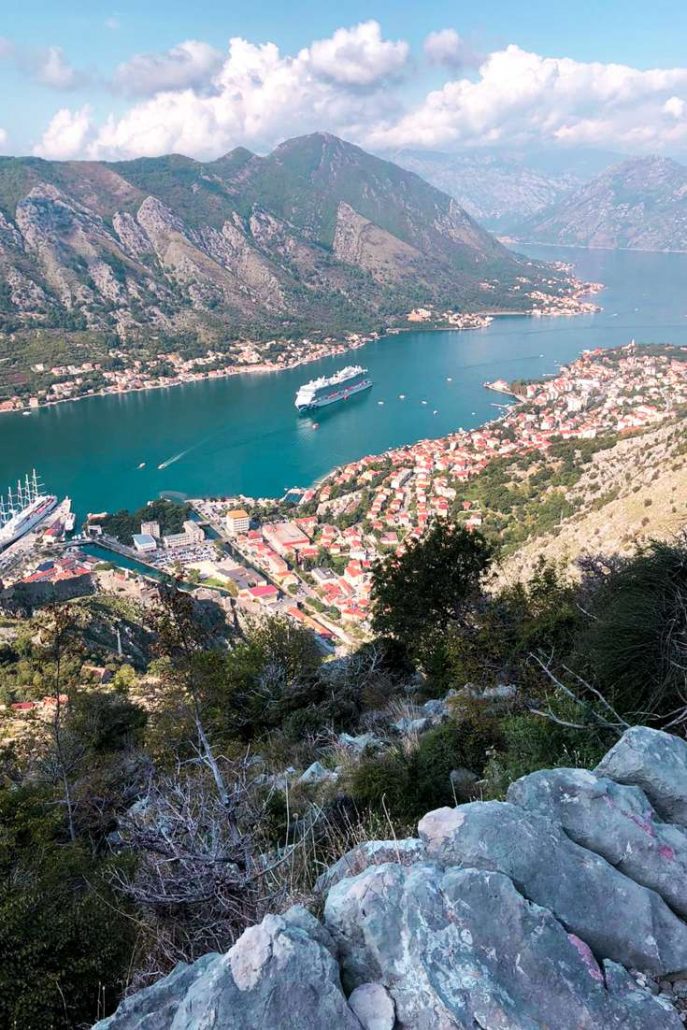 View from the top of the Ladder of Kotor hike which shows the bay, Princess Cruises Sky Princess Cruise ship and the old town of Montenegro