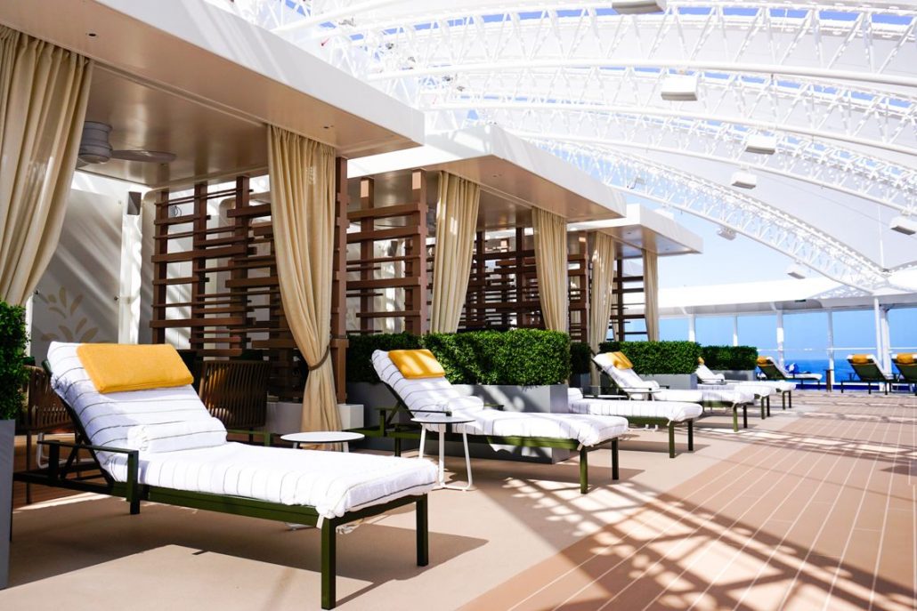 Photo of lawn chairs and private cabanas in the Sanctuary on the Sky Princess Cruise Ship